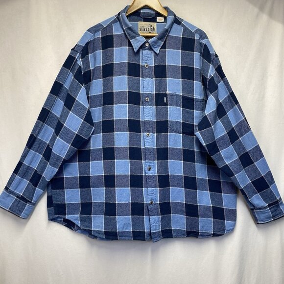 Levi's Silver Tab Oversized Plaid Flannel Metal Button-Up Shirt Men Size XL Blue - Picture 15 of 15